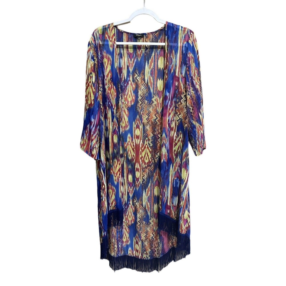 Cupio Women’s Size Large Sheer Multicolor Print Kimono Blue Fringe Trim Boho